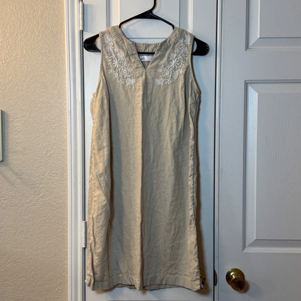 Croft & Barrow Linen Blend Sleeveless Shift Dress Tan Beige White Embroidery Sm
